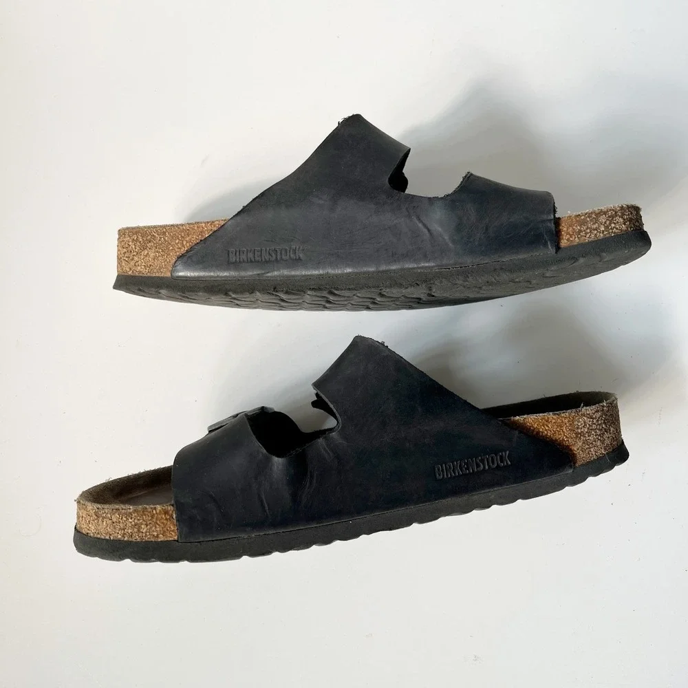 Birkenstock Arizona Sandals 43 Black Oiled Leather Soft Footbed Slides Mens